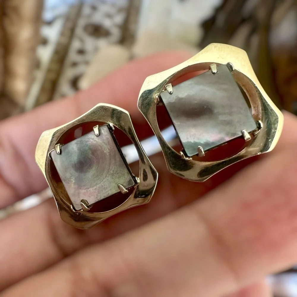 Vintage Dante Cufflinks 0.875 Inch Art‎ Deco Mother of Pearl Gold Plated Signed